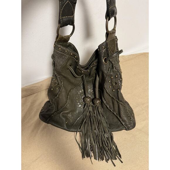 Jamie Drake Hobo Shoulder Bag Womens Olive Green Leather Drawstring Tassel Boho - Picture 2 of 14